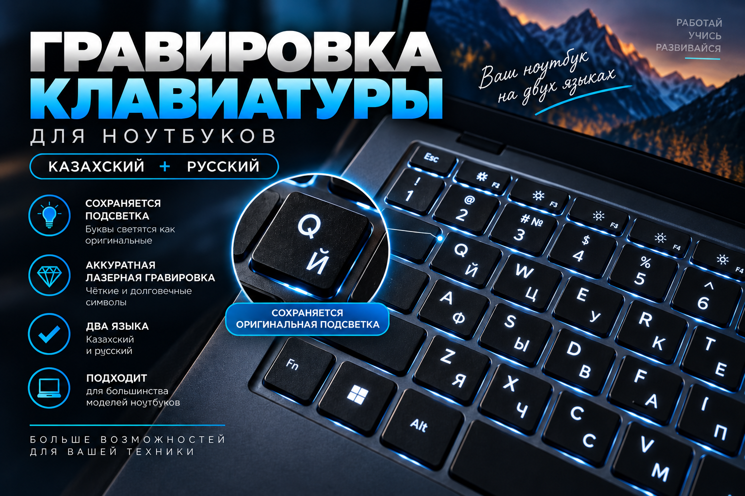 Лазерная гравировка клавиатуры ноутбука — казахский и русский язык