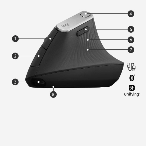 Широкий ассортимент мышь беспроводная logitech mx vertical (400-4000 dpi, bluetooth, 2.4 ghz/usb-ресивер (logitech unifying®), 4 настраиваемые кнопки, перезаряжаемая литий-полимерная батарея (240 ма·ч)), (m/n: m-r0074 / c-u0007) (910-005448) для компьютерной техники с доставкой по всему Казахстану  | Рассрочка 0-0-24  фото 2